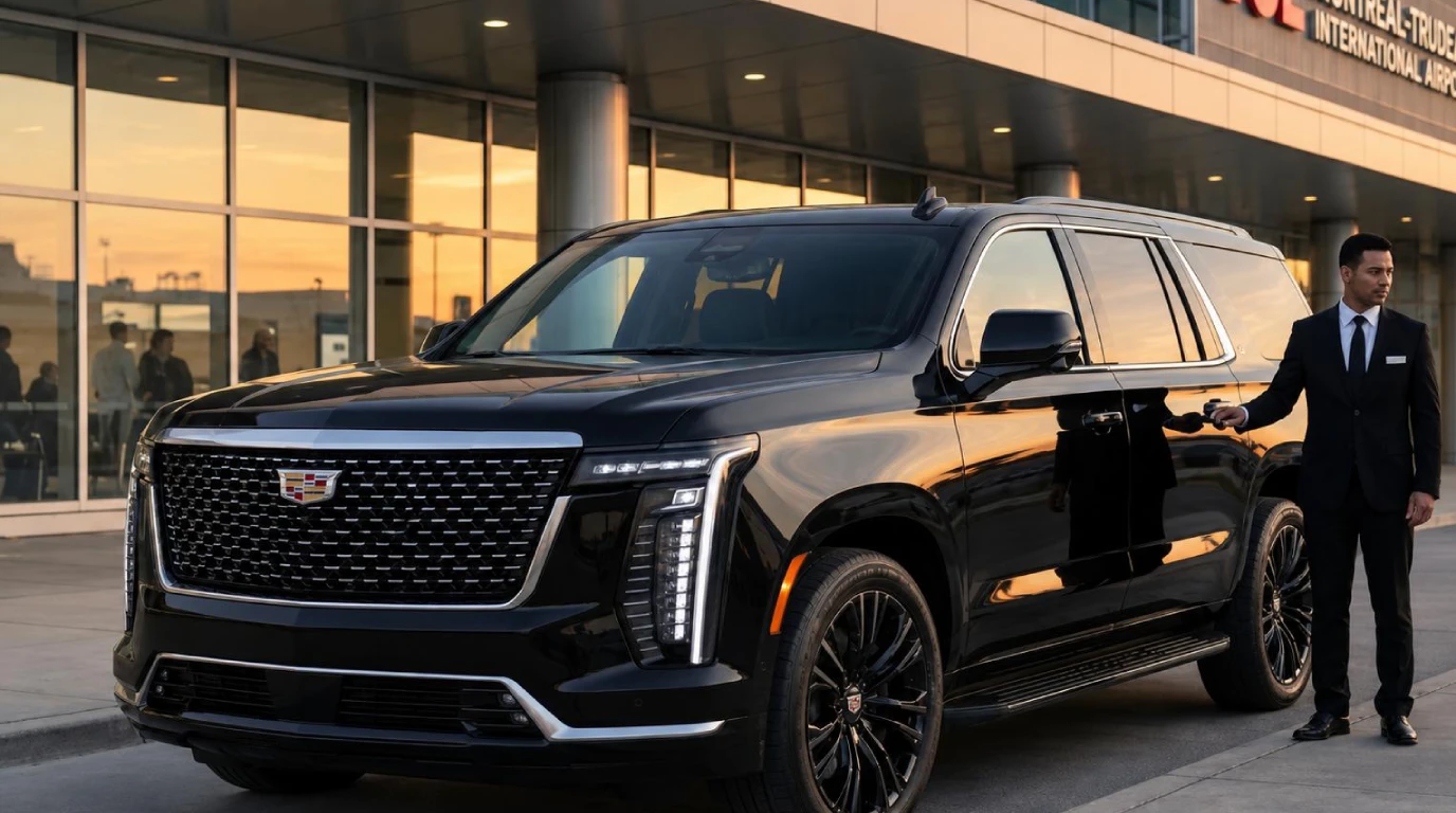 Montreal car service chauffeur with Cadillac Escalade at YUL airport arrivals