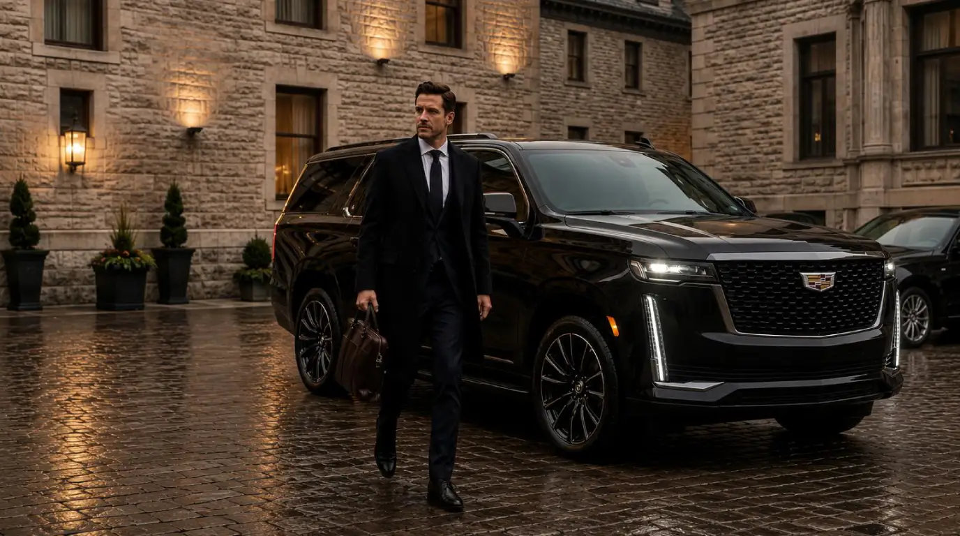 Executive stepping into a Cadillac Escalade for full-day Montreal car service